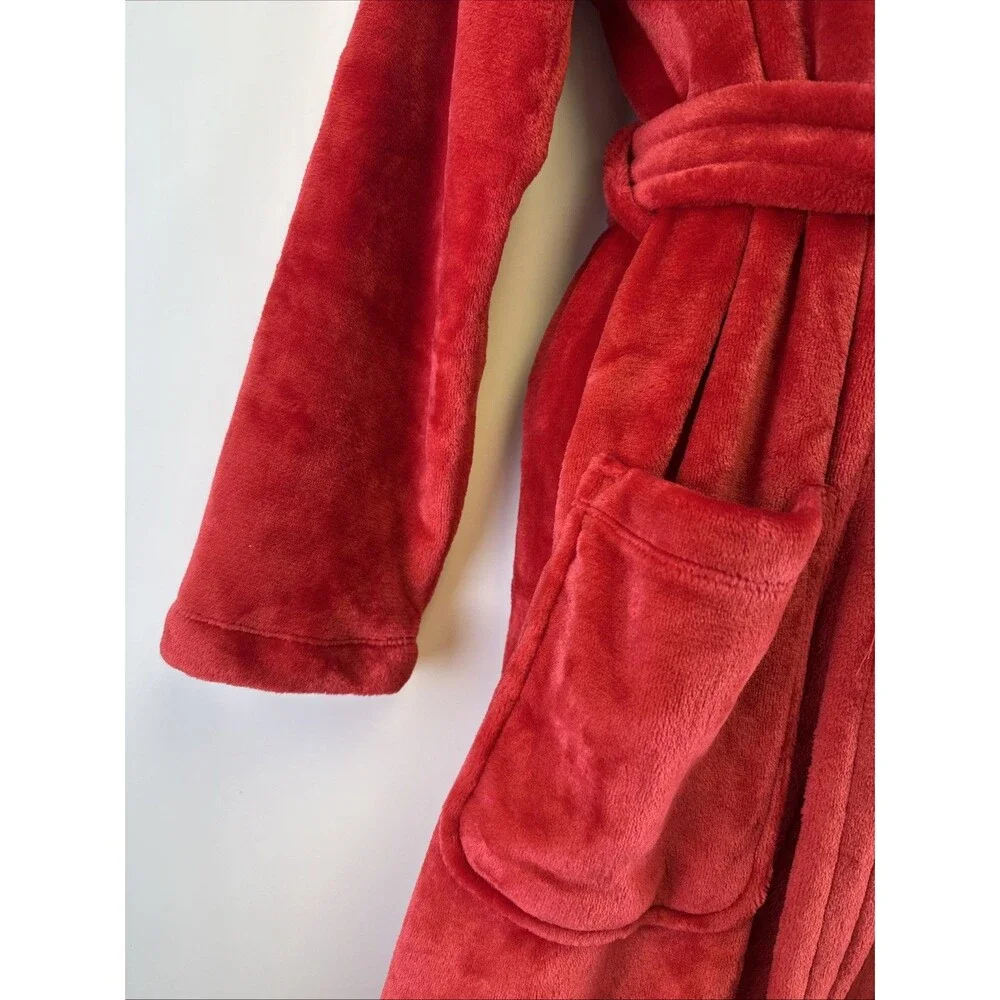 Lands End Cozy Plush Long Wrap Robe Belt Red Patch Pockets Soft Womens XS‎ 2-4